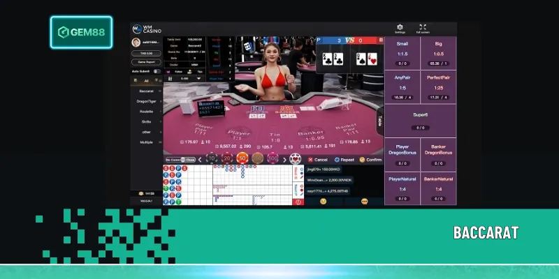 Casino WM – Sảnh Cược Đa Bàn Hiện Đại Tại Gem88 2 Baccarat tại WM nổi bật với tính năng bảo hiểm ván bài, giúp người chơi giảm rủi ro trong các tình huống bất lợi
